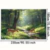 Serene Sunlit Forest Tapestry, Misty Woodland with Two Fawns by a Stream, Daisies and Ferns Under a Soft Glow, Calming Nature Wall Art