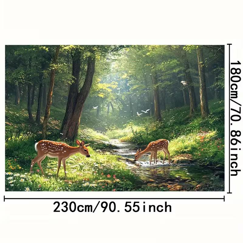 Serene Sunlit Forest Tapestry, Misty Woodland with Two Fawns by a Stream, Daisies and Ferns Under a Soft Glow, Calming Nature Wall Art