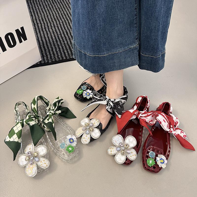 Crystal Shoes Transparent Jelly Bag Head Sandals Women's Spring and Summer Outer Wear Thin Bottom Square Head Flower with Diamond Retro Evening Shoes