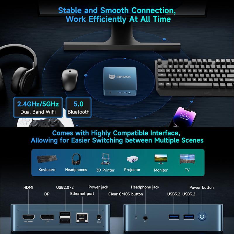 BMAX B2 Power Nový Mini PC Windows 11 PC HDMI Intel 5205U 8GB RAM 256GB SSD Intel UHD Graphics WiFi Bluetooth