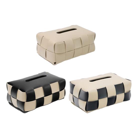 Checkered Tissue Box, with Flip-Open Top, PU Leather Tissue Holder, Stain-Proof Facial Tissue Dispenser, for Bathroom Car Bedroom