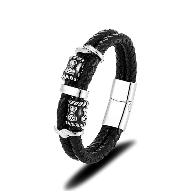 

Norse Vikings Thor s Hammer Mjolnir Stainless Steel Leather Bracelet for Men Scandinavian Rune Beads Amulet 23cm
