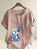 Women's Fashion Blue Bear Print Shot Sleeve T-shirt Loose Cotton Shirt Casual Loose Summer Blouse Tops Plus Size