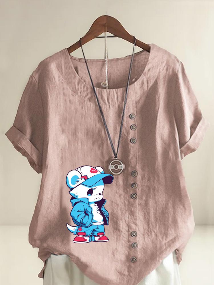 Women s Fashion Blue Bear Print Shot Sleeve T-shirt Loose Cotton Shirt Casual Loose Summer Blouse Tops Plus Size S розовый
