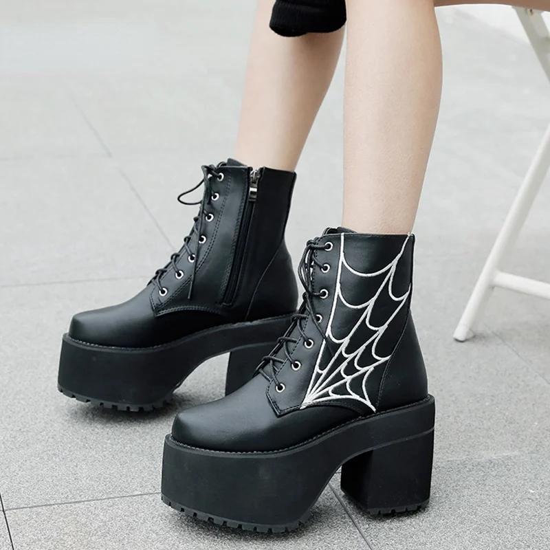 Fashion Women's Platform Chunky High Heel Ankle Boots Black Buckle Strap Lace Up Side Zipper Motorcycle Boots Punk Style Shoes
