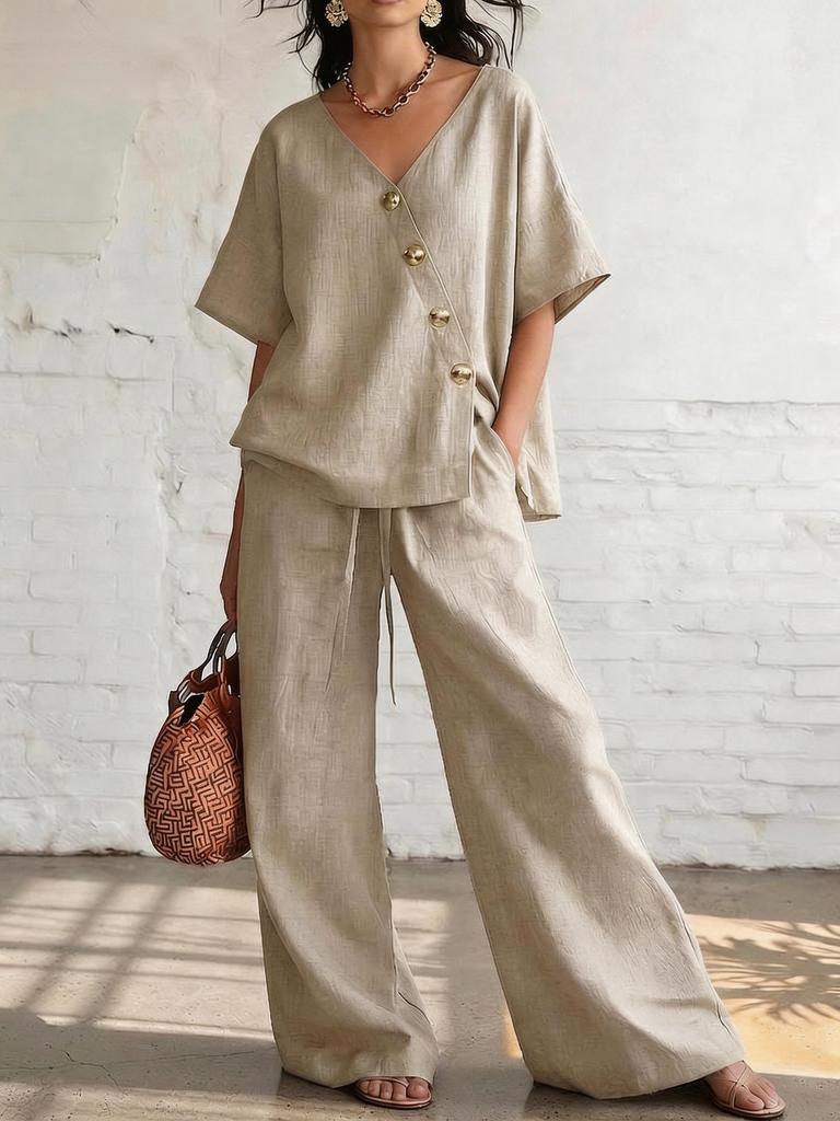 2026 spot new product European and American independent station summer leisure vacation loose cotton and linen v-neck wide-leg pants two-piece set