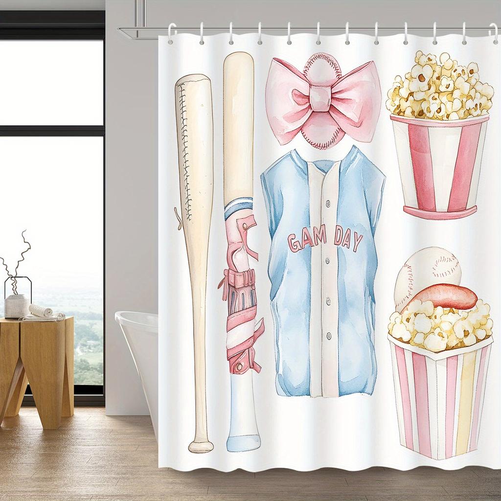 Vintage Watercolor Baseball Bowknot Popcorn Print Shower Curtain with 12 Hooks - Polyester Bathroom Decor