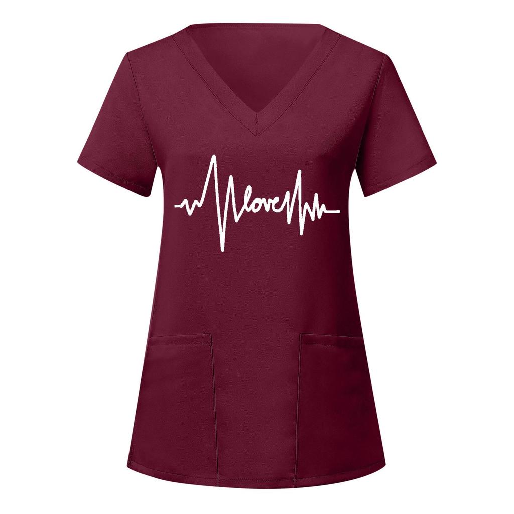 European and American Nurse Caregiver V-Neck Print Shirt with Large Pocket, Short Sleeve T-shirt for Women