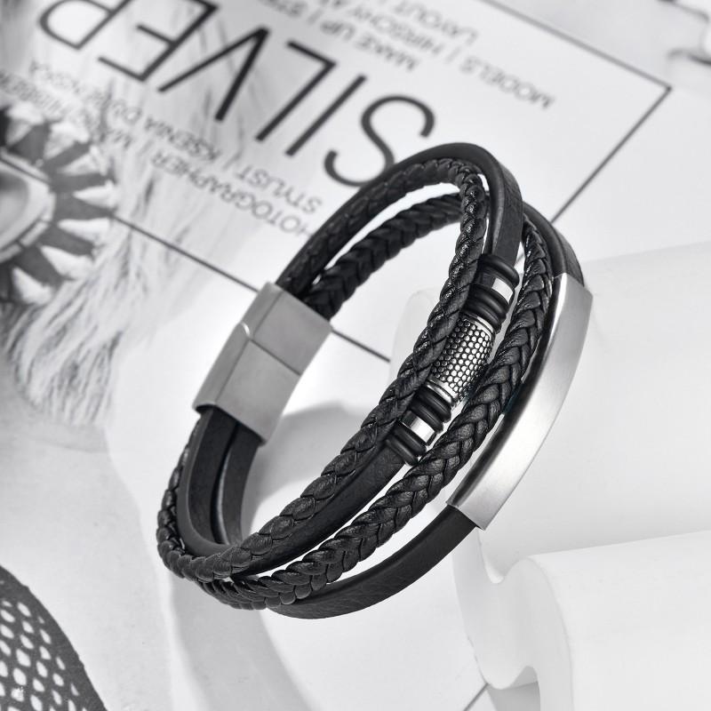 Stainless Steel Multi-Layer Braided Leather Bracelet Men With Magnetic Clasp Fashion Geometric Design