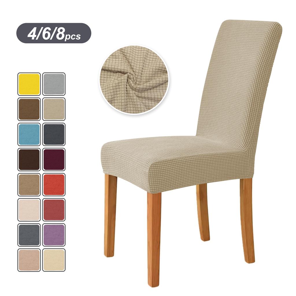 4PCS Stretch Dining Chair Covers Feature Textured Checked Jacquard Fabric High Back Chair Slipcover Thick Chair Protectors