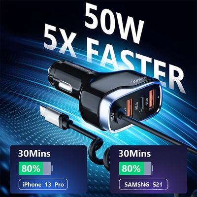 Hızlı USB C Araç Şarj Cihazı, 55W 3-Hızlı Port Süper Hızlı Araç Şarj Cihazı PD ve QC3.0 50W Süper Hızlı Tip C Sarmal Kablo ile