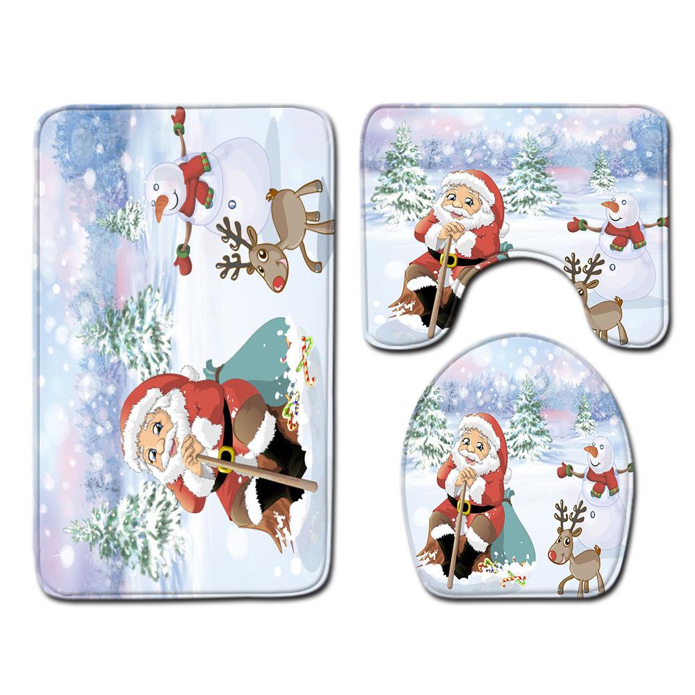 Christmas Shower Curtain Polyester Cloth Toilet Seat Four-Piece Set Entrance Door Mat Bedroom Living Room Floor Mat Carpet