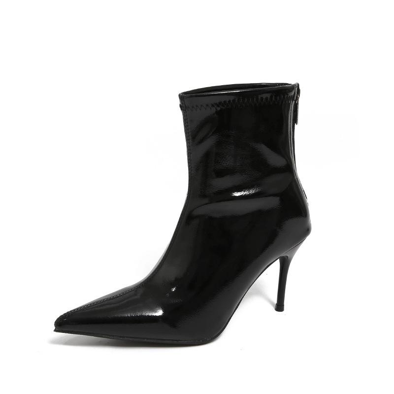 Wind pointed high heel patent leather glossy belt buckle high tube but knee boots knight boots women's Martin boots