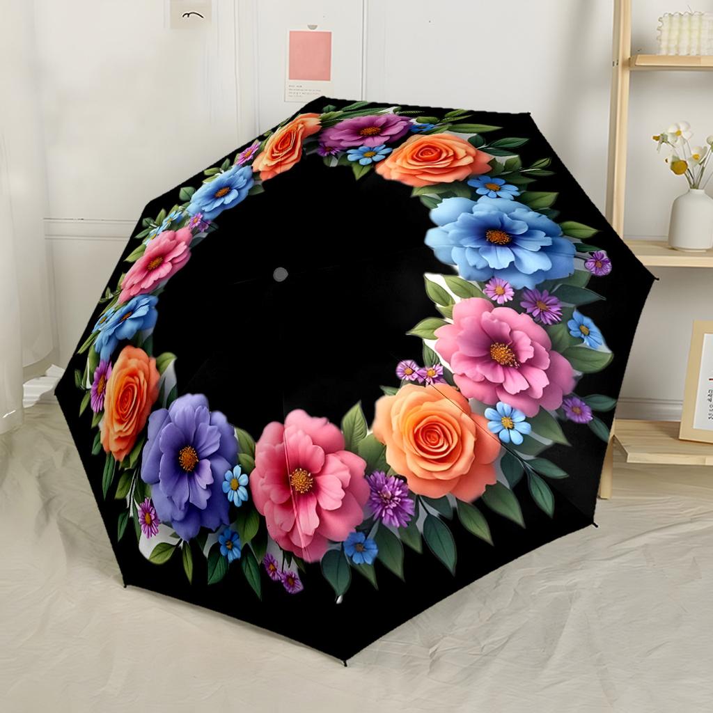Red Rose Wreath Design Compact Travel Automatic Umbrella Folding Umbrella with 8 Ribs Lightweight All-Season Use Elegant Women's Umbrella