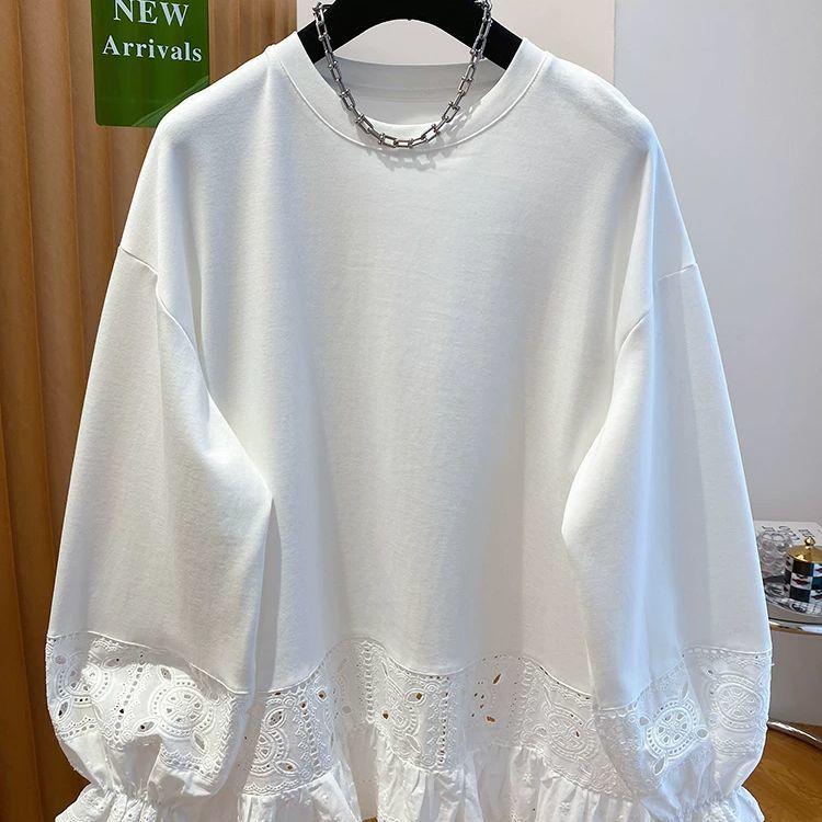 Oversized T Shirts Women's Clothes Patchwork Lace Long Sleeve Tees O-neck Casual Camisetas Fashion White T-shirt 2025 Ropa Mujer