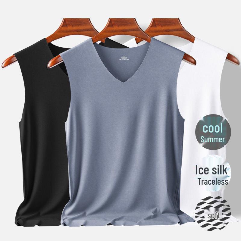 Ice Silk Men's Seamless V-neck Vest: Slimming, Stretchy, Solid Color Sports Base Layer Pajama