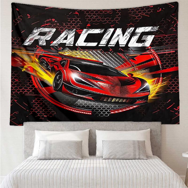Racing Print Tapestry, Backdrop, Easy Setup, Ideal for Bedroom, Office & Living Room, with Aesthetic Wall Hanging Decor.