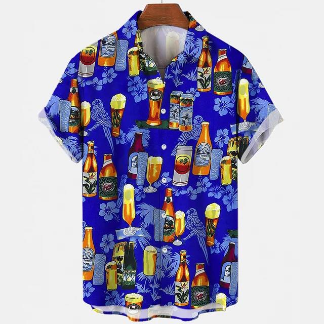 Camisetas Festival de Cerveza Harajuku para Hombre Estampado 3D Manga Corta Verano Estilo Hawaiano Playa Tops de Botón Único Solapa