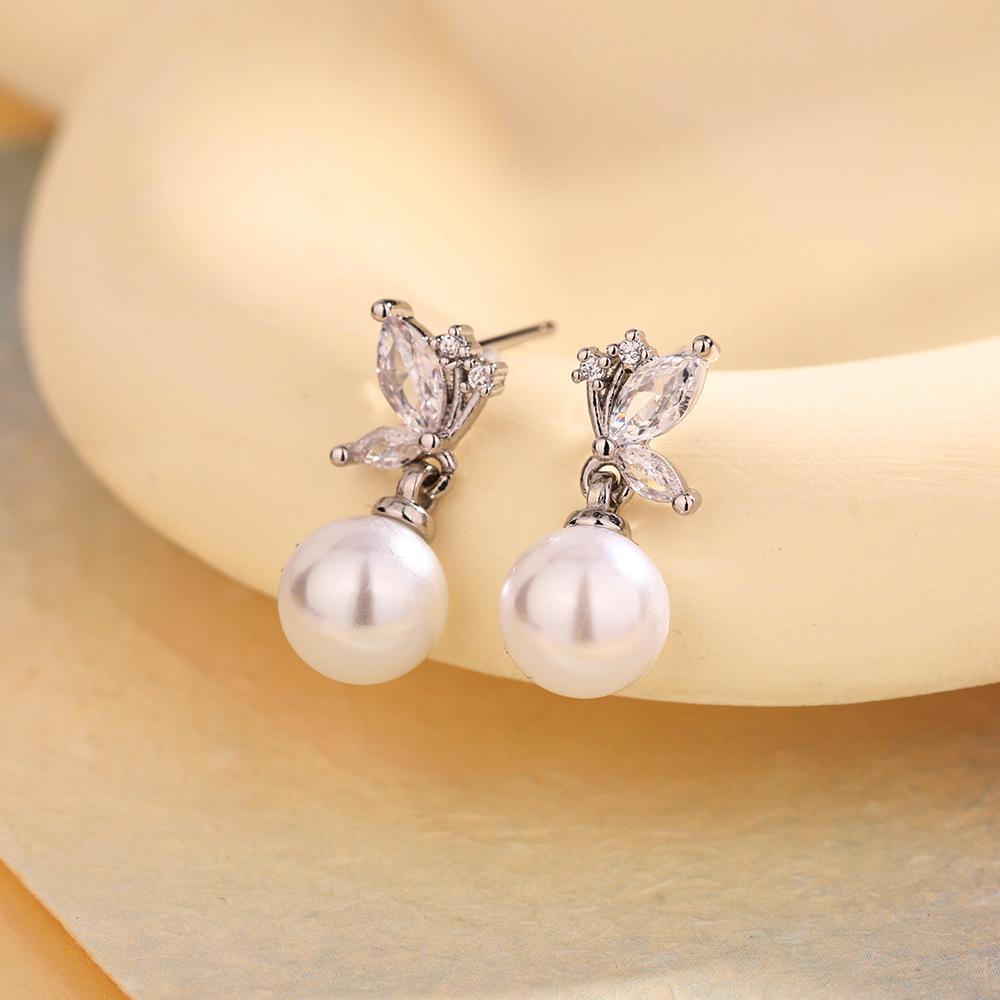 New French Design Pearl Zircon Butterfly Wing Earrings In Fairy Style with Shell Beads