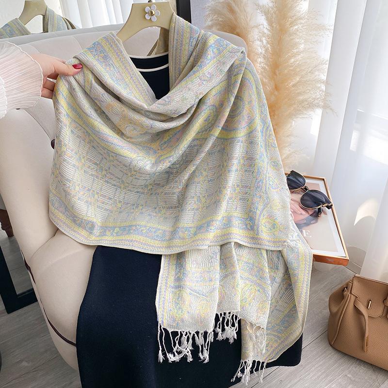 Jacquard Scarf Shawl Tassel Cashew Jacquard Ethnic Style Scarf Women's Autumn and Winter Retro Scarf Warm and Cold-proof Shawl