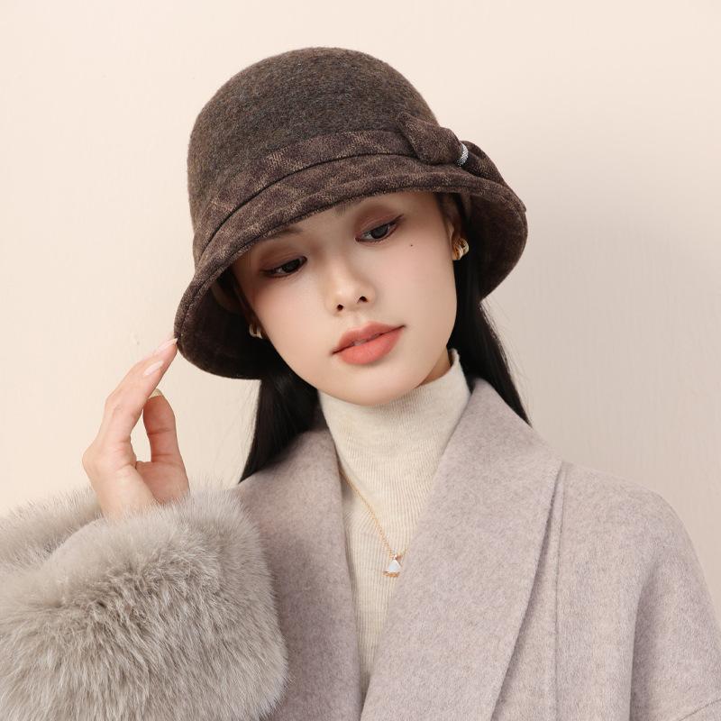 Hat Autumn and Winter Middle-aged and Elderly Mother Hat Bow Women's Bucket Hat Knitted Wool Bucket Hat