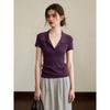 French Premium Purple Polo Neck Short Sleeve Knitted Sweater Women's Slim Lapel Top