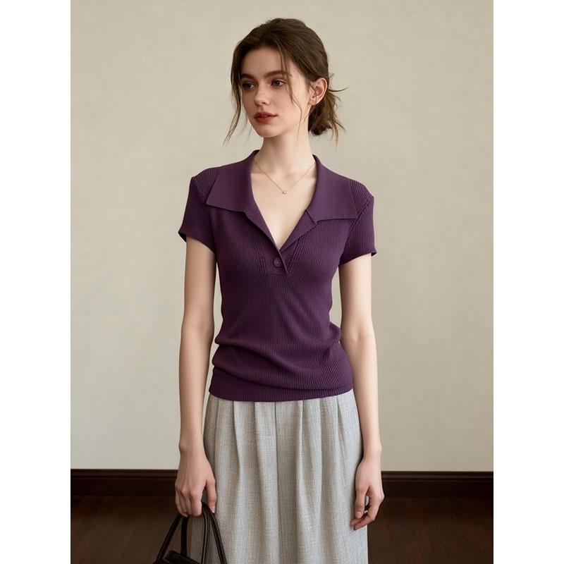 French Premium Purple Polo Neck Short Sleeve Knitted Sweater Women's Slim Lapel Top
