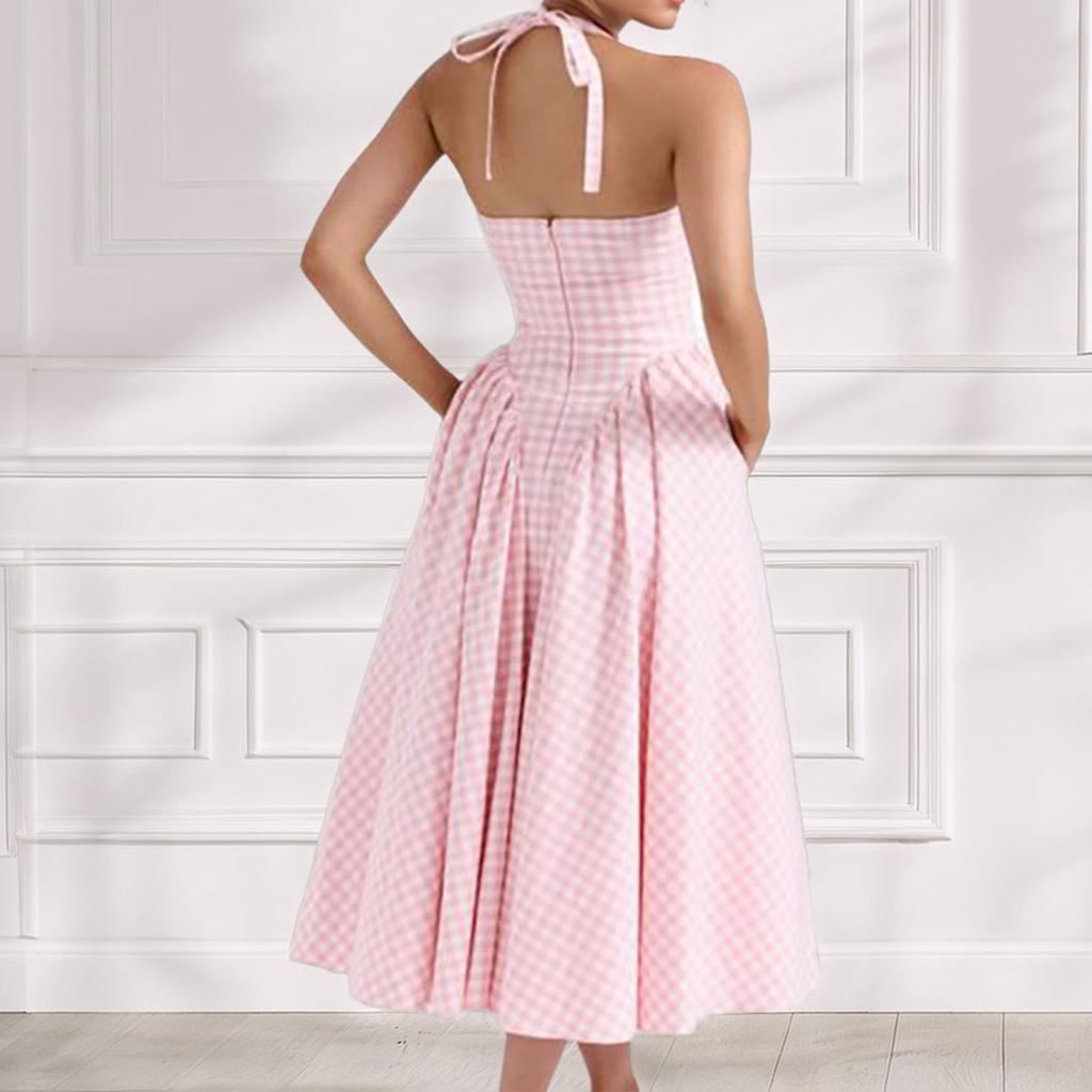 Women's Pink and White Checkered Halter Neck Deep V Neck A-Line Maxi Dress