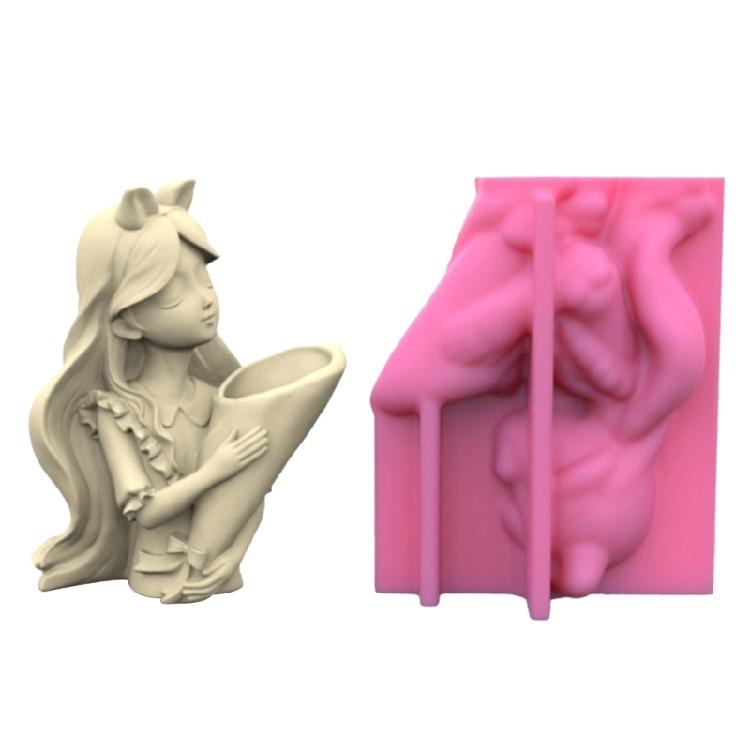 

Girl Holding Flowers Statue Plant Pot Silicone Mold Succulent Planter Vase Molds