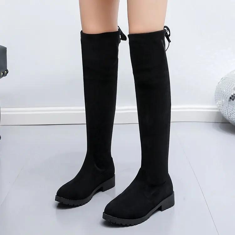 Plus Size Women's Long Tube Boots Autumn/Winter New Elastic Slimming Boots Flat Bottom Fleece-Lined High Tube Boots Woman Shoes
