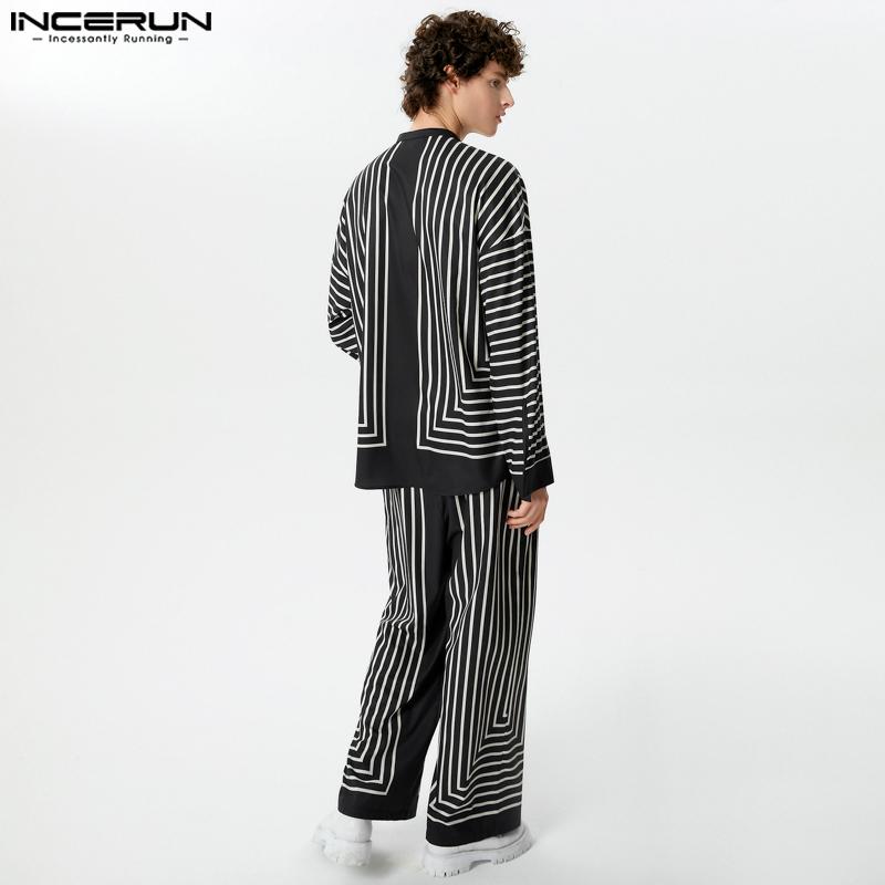 INCERUN Two Piece Suit Men Long Sleeve Casual Baggy Striped Tops And Long Pants Homewear