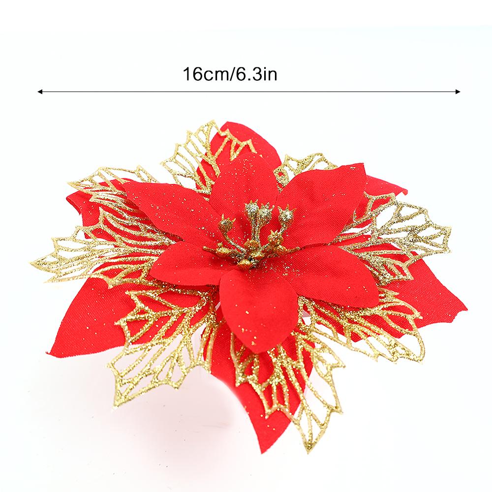 5-20pcs Christmas Artificial Flowers Glitter Xmas Tree Ornament Red Gold Poinsettia Flower Head Home New Year Party Decoration