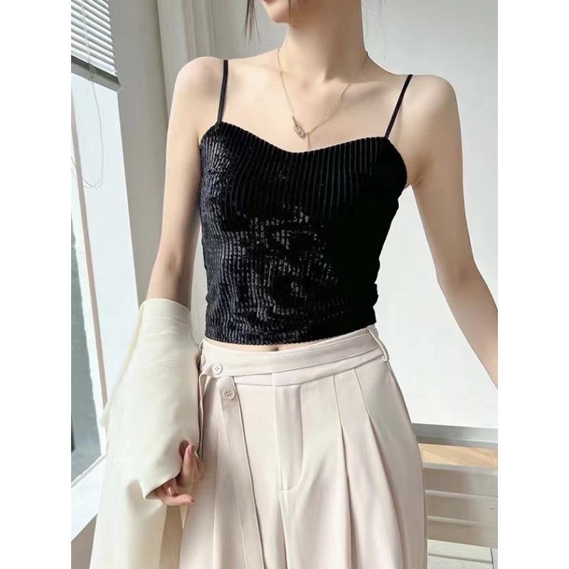 Velvet Camisole Retro Fine Camisole Seamless Inside with A Beautiful Back Sexy Chest Pad Outside To Wear The Top