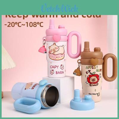 Capybara Cartoon Insulated Tumbler With Handle And Straw For Travel And Home Use
