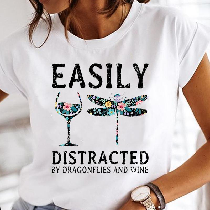 (European Size) Summer Fashion Dragonfly Dandelion Plant Short Sleeve Women Print Tee Top T-shirt  Lady Female Clothing Casual Graphic T-shirt