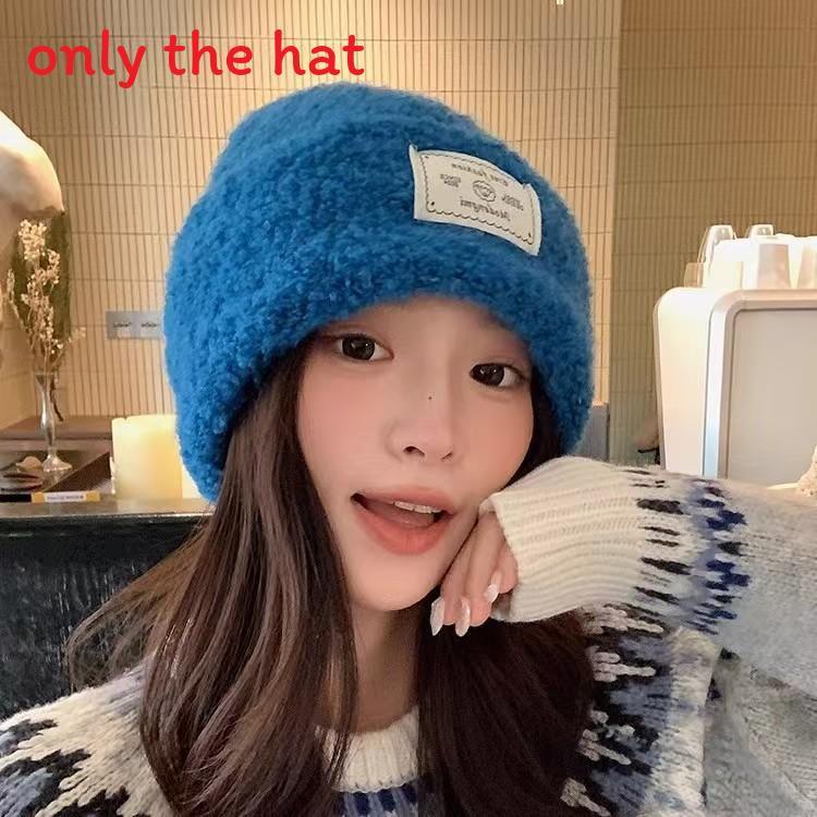 Blue Knit Beanie Cap With Cozy Lamb Wool And Ear Protection For Cold Weather синий