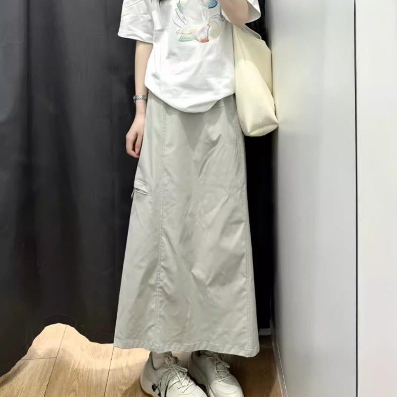 Women's Autumn Grayish-White Utility High-Waist A-Line Maxi Skirt - Vintage American Style Slim-Fit Half Skirt