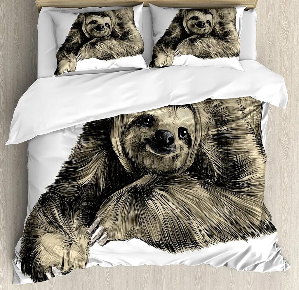 Sloth Bedding Set For Bedroom Bed Home Cartoon Mammal on Tropical Jungle with Green Banana Duvet Cover Quilt Cover Pillowcase