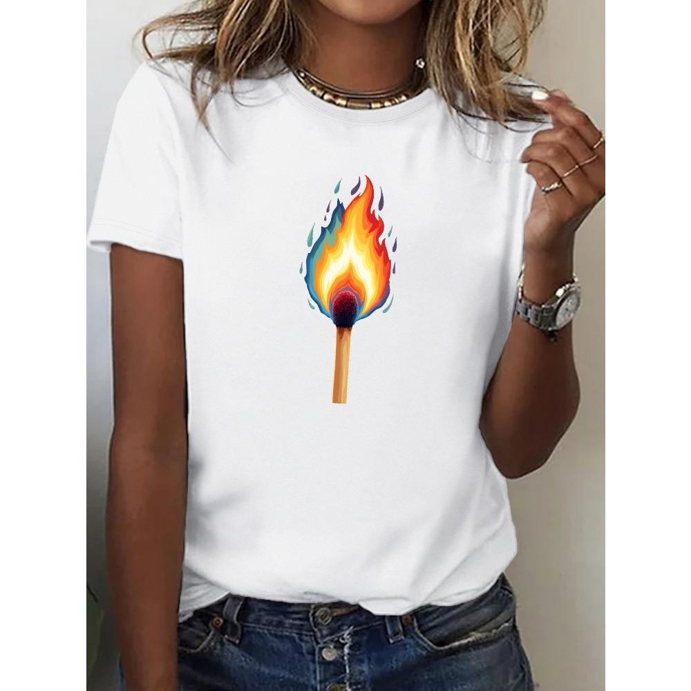 Ignited Matchstick Colorful Flame Pure Women'S T-Shirts Are Comfortable and Harajuku Short Sleeve Clothes