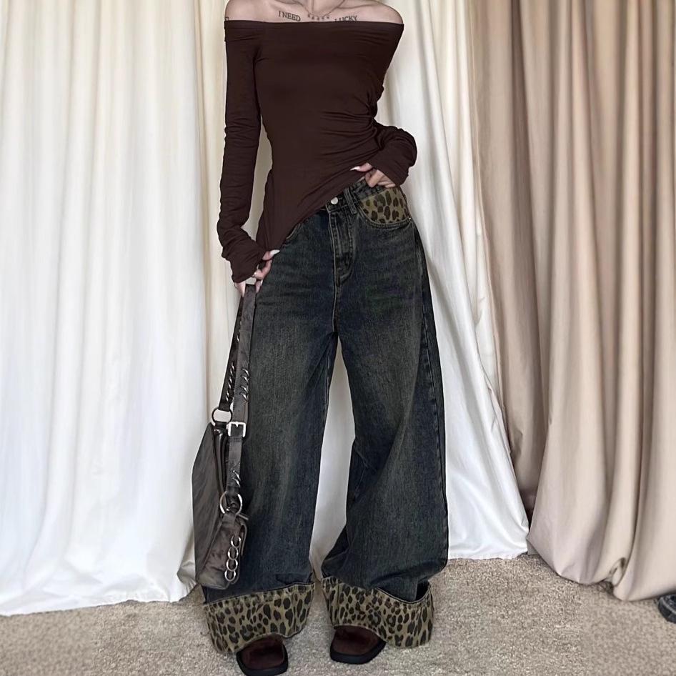 Y2K Leopard Print Patchwork Wide-Leg Jeans for Women - Trendy and Versatile