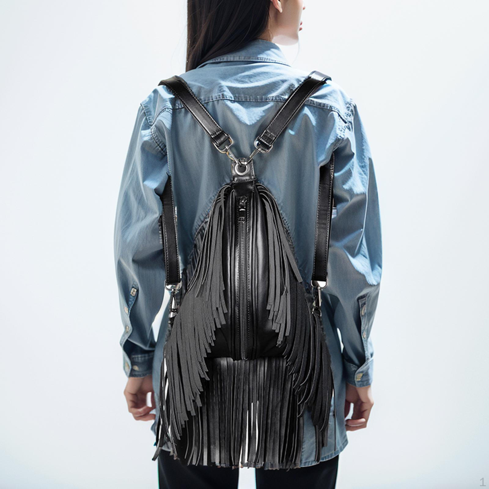 

Black Backpack Pouch Tassel Bag Christmas Gifts PU Leather Shoulder Soft Women Purse