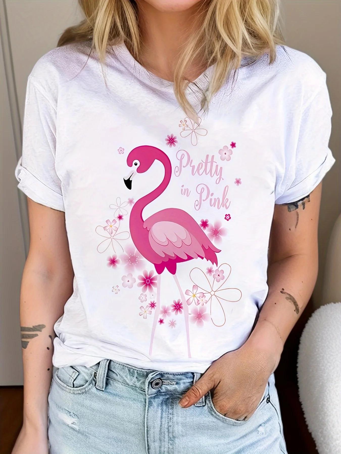 

Flamingo Beach Printed Tshirt Summer Vacation Womens Fashion Pattern Printed Clothing Top Comfortable Breathable and Soft S