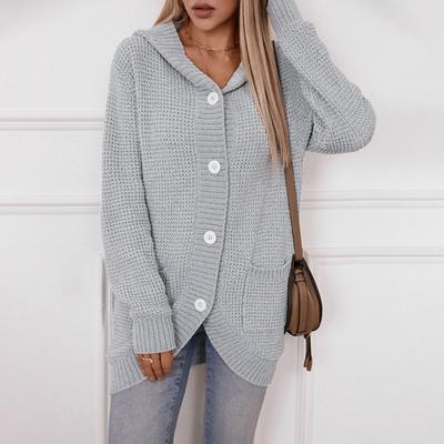 Women's Knitted Sweater Autumn and Winter Hooded Solid Color Loose Mid-length Buttoned Cardigan Sweater for Women