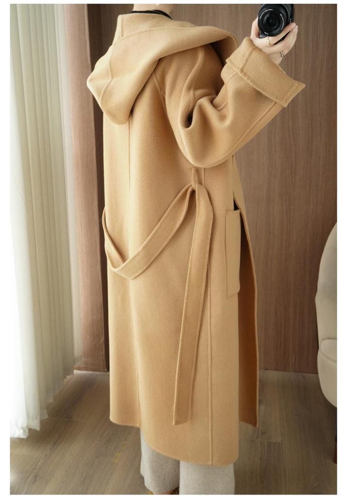 Women's Mid-Length Double-Faced Wool Coat with Tie-Up Hood - Autumn/Winter Style, Loose Silhouette, Pure Wool