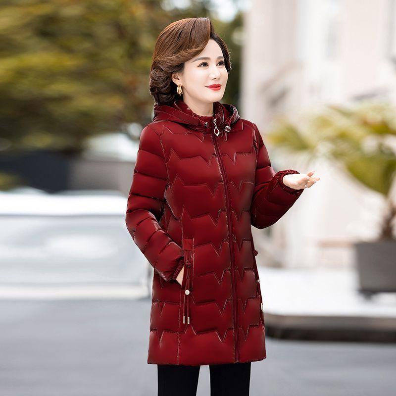 Fashionable and Comfortable Long Cotton Coat for Middle-aged and Elderly Women with Bright Surface