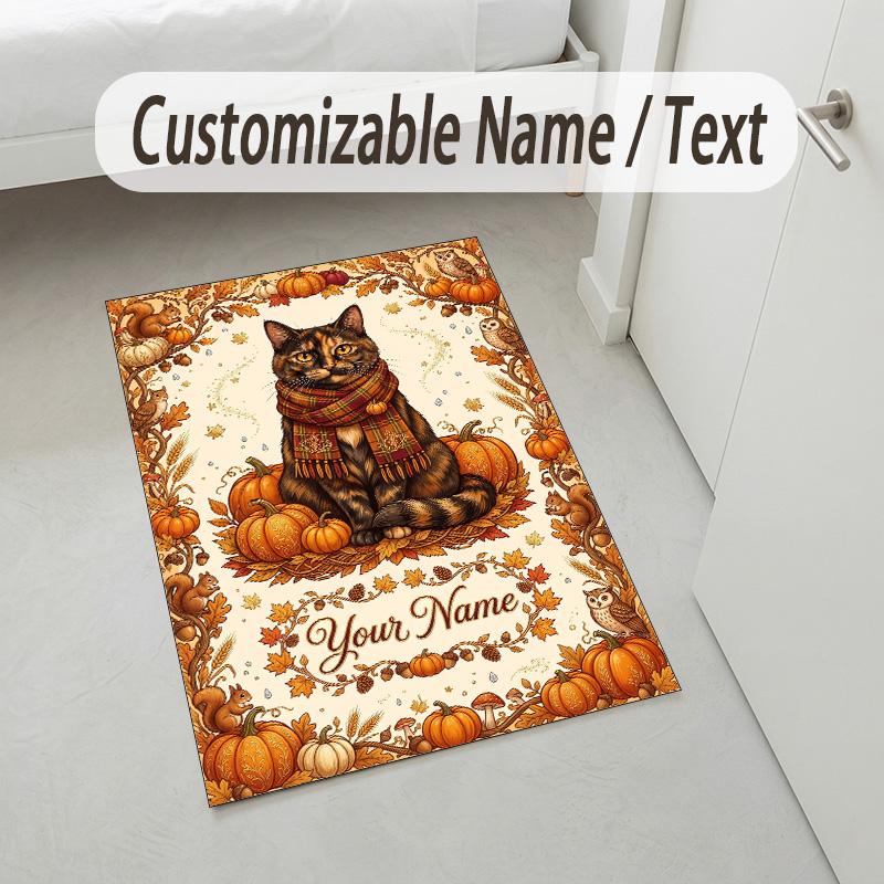 Cat Theme Crystal Velvet Rug Personalized Custom Name Text Soft Floor Mat Home Decor