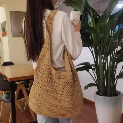 Bolsa Tote Grande de Verão 2025 para Mulheres em Fio de Algodão Tecido - Design Palha para Férias à Beira-Mar