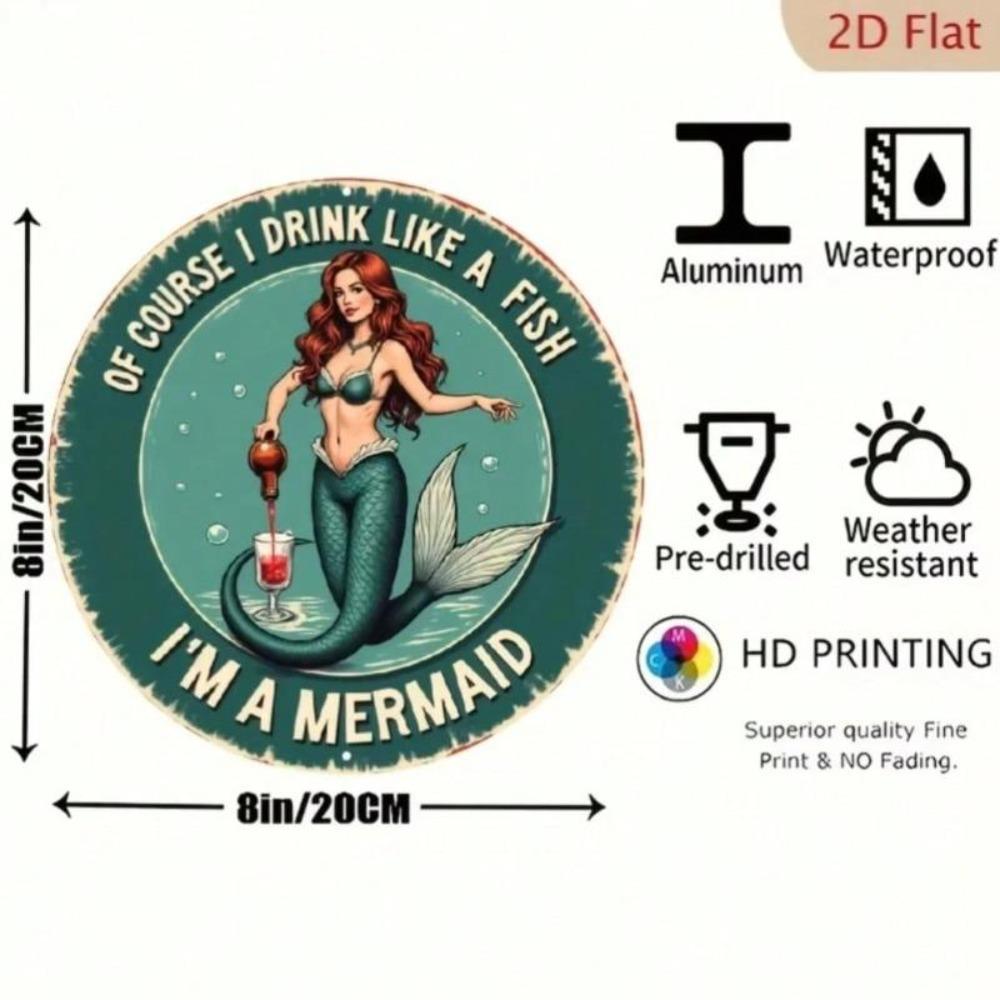 Vintage Mermaid Tin Sign Alcohol Quote Retro Round Wall Art Decor