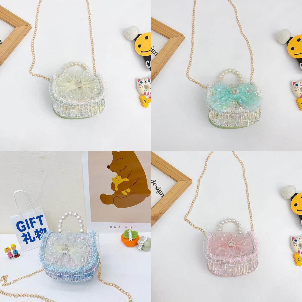 Childrens Canvas Bag With Artificial Pearl Handle And Butterfly Cartoon Pattern For Daily Use