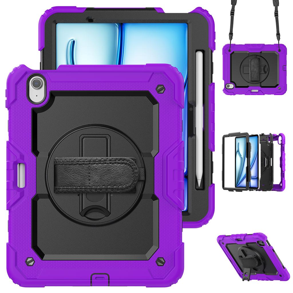 For iPad Air 11 (2025)/(2024) Case Rotating Kickstand PC+Silicone Tablet Cover with Screen Film/Shoulder Strap